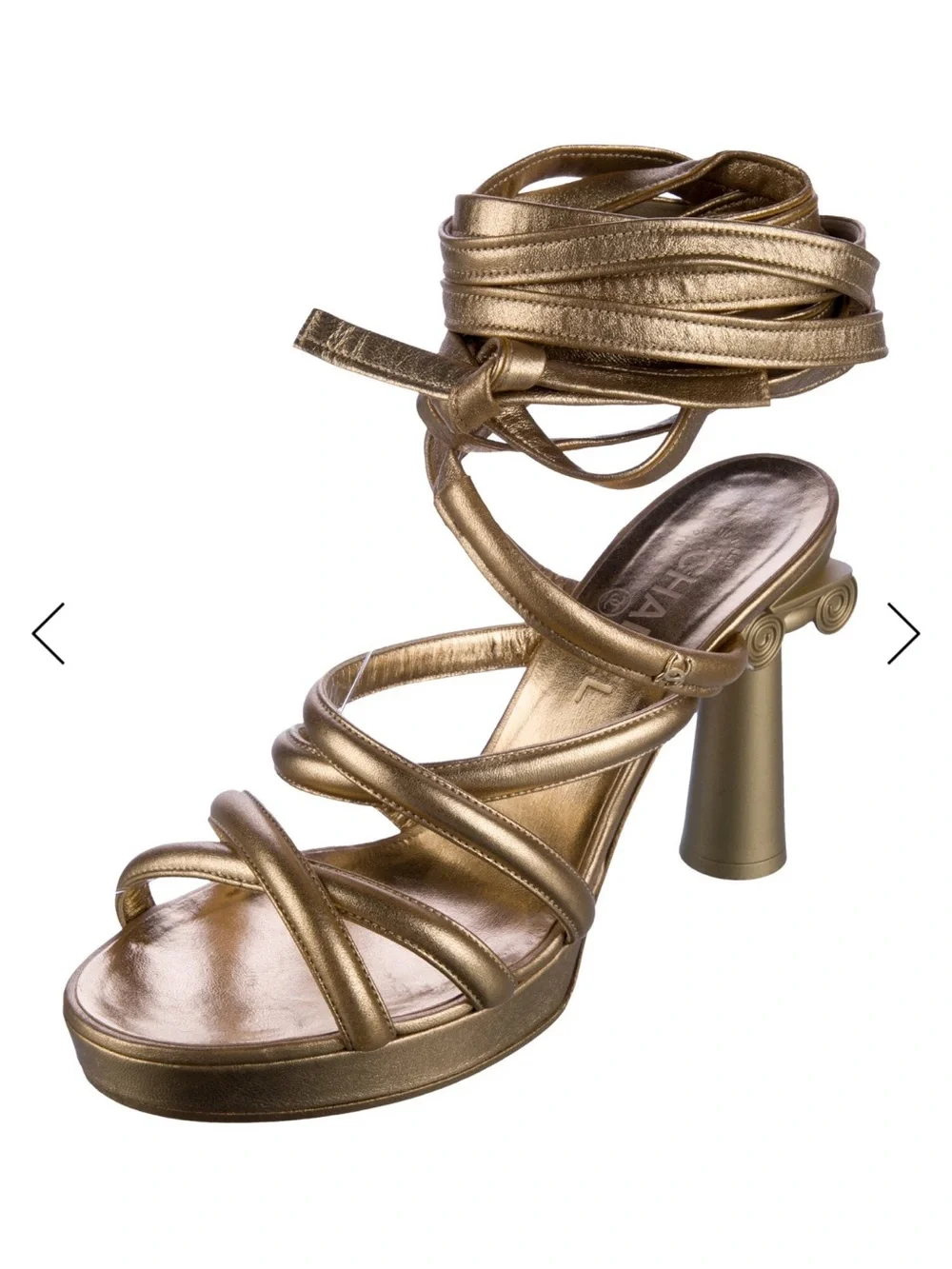 Chanel Metallic Gold Strappy Wrap-Heel Sandals - Picture 3 of 6